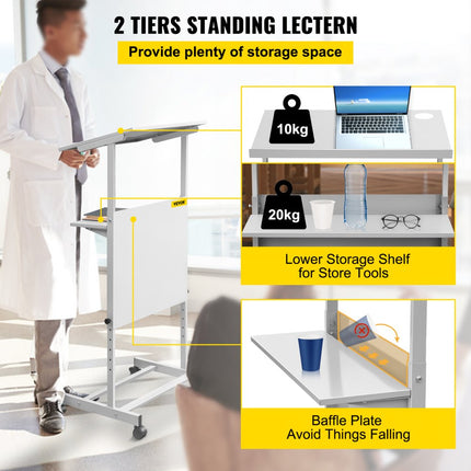 VEVOR Leraren Podium 58,4x40x135 cm Stand Up Podium 103-135 cm Hoogtebereik Floor Standing Lectern Gemaakt van SPCC met 360° Zwenkwielen en Onderste Opbergplank voor de Klas Leeszaal Slaapkamer enz