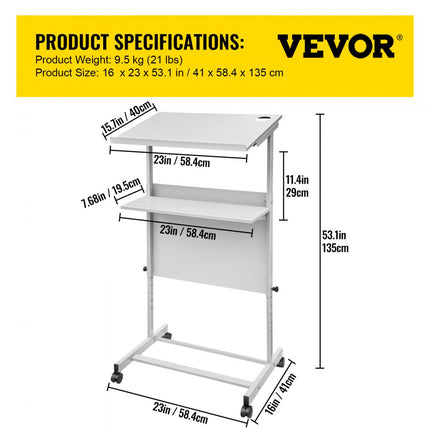 VEVOR Leraren Podium 58,4x40x135 cm Stand Up Podium 103-135 cm Hoogtebereik Floor Standing Lectern Gemaakt van SPCC met 360° Zwenkwielen en Onderste Opbergplank voor de Klas Leeszaal Slaapkamer enz