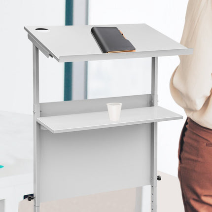 VEVOR Leraren Podium 58,4x40x135 cm Stand Up Podium 103-135 cm Hoogtebereik Floor Standing Lectern Gemaakt van SPCC met 360° Zwenkwielen en Onderste Opbergplank voor de Klas Leeszaal Slaapkamer enz