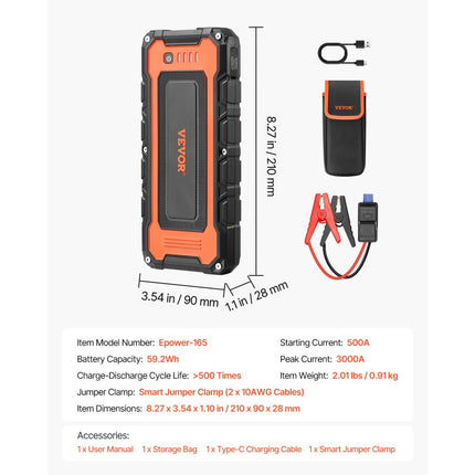 VEVOR Auto Jump Starter 3000A 59,2 Wh Lithium Booster Jumper Box Powerbank