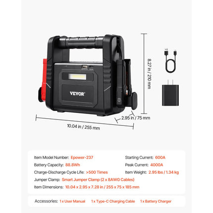 VEVOR auto-starthulp 4000A 88,8Wh lithium booster auto-starthulp powerbank
