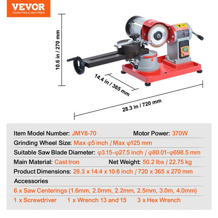 VEVOR zaagbladenslijper 370W slijpmachine cirkelzaagbladenslijper 3600rpm cirkelzaagbladenslijper φ 80,01-698,5mm zaagbladslijpmachine φ 1,6-4,0mm 6x zaagcentrering
