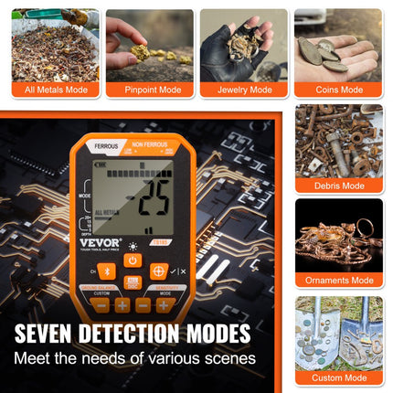 VEVOR professionele metaaldetector 7 modi metaaldetector 30cm zoekspoel IP68 duikdiepte tot 3m goudzoeker met verstelbare handgreep gouddetector incl. Bluetooth-headset precisielokalisatieapparaat
