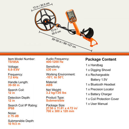 VEVOR professionele metaaldetector 7 modi metaaldetector 30cm zoekspoel IP68 duikdiepte tot 3m goudzoeker met verstelbare handgreep gouddetector incl. Bluetooth-headset precisielokalisatieapparaat