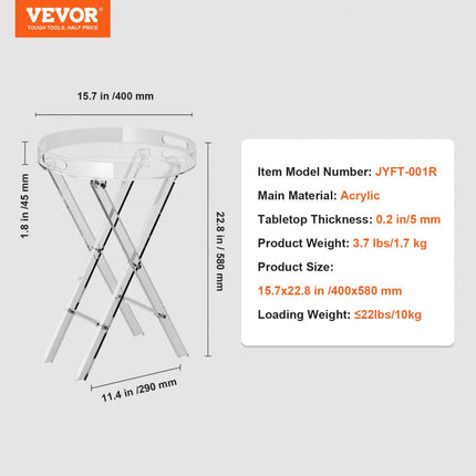 VEVOR acryl klaptafel met dienblad φ40 x 58 cm, acryl bijzettafel met opklapbare X-poot, acryl bijzettafel voor koffie, drankjes, eten, snacks, salontafel voor woonkamer, slaapkamer, enz.
