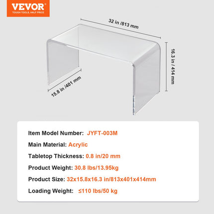 VEVOR bijzettafel 813 x 401 x 414 mm, U-vormige acryl tafel bijzettafel, transparante salontafel voor drankjes, eten, snacks, gebruikt in woonkamer, slaapkamer, studeerkamer, etc.