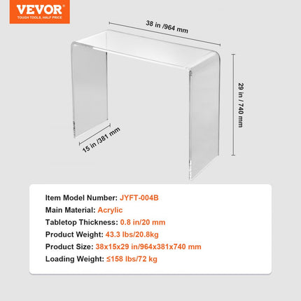VEVOR U-vormige bijzettafel 964 x 381 x 740 mm, U-vormige acryltafel bijzettafel, transparante salontafel voor drankjes, eten, snacks, gebruikt in woonkamer, slaapkamer, studeerkamer, etc.