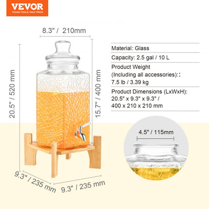 VEVOR 10L partydrankdispenser glazen sapdispenser met standaard roestvrijstalen kraan ijsthee limonade sapwaterdispenser voor restaurants hotels feesten