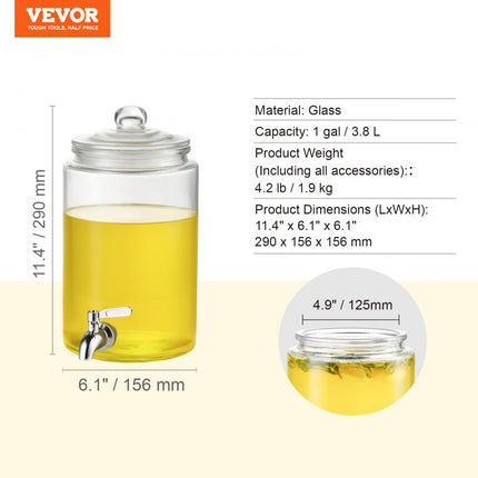 VEVOR Drankdispenser, 3,8L Partydrankdispenser, Glazen Sapdispenser met roestvrijstalen kraan, Ijsthee Limonadesapwaterdispenser, voor restaurants, hotels, feesten