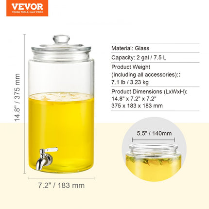 VEVOR 7,5L partydrankdispenser glazen sapdispenser met roestvrijstalen kraan ijsthee limonade sapwaterdispenser voor restaurants hotels feesten