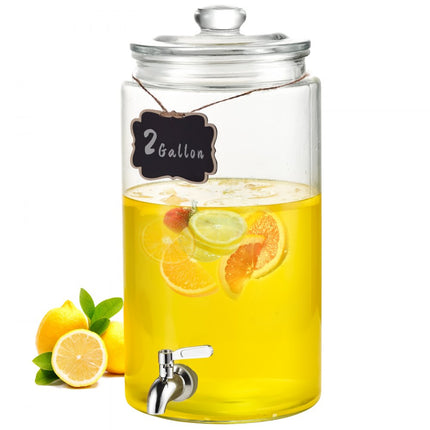 VEVOR 7,5L partydrankdispenser glazen sapdispenser met roestvrijstalen kraan ijsthee limonade sapwaterdispenser voor restaurants hotels feesten