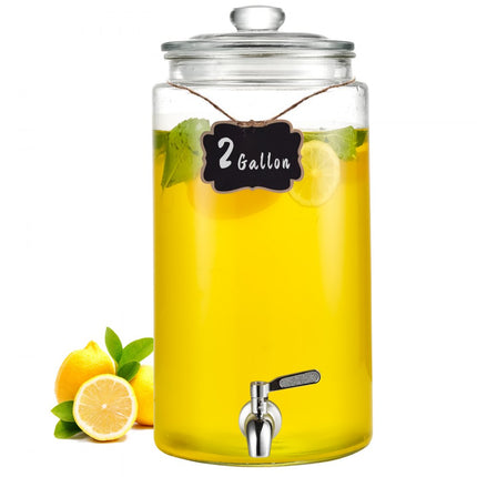 VEVOR 7,5L partydrankdispenser glazen sapdispenser met roestvrijstalen kraan ijsthee limonade sapwaterdispenser voor restaurants hotels feesten