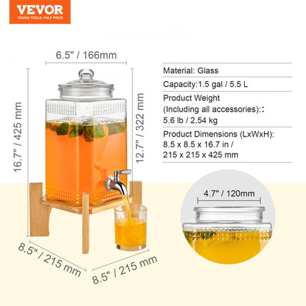 VEVOR drankdispenser, 1,5 gallon feestdrankdispenser, glazen sapdispenser met standaard, roestvrijstalen kraan, ijsthee limonadesapwaterdispenser, voor restaurants, hotels, feesten