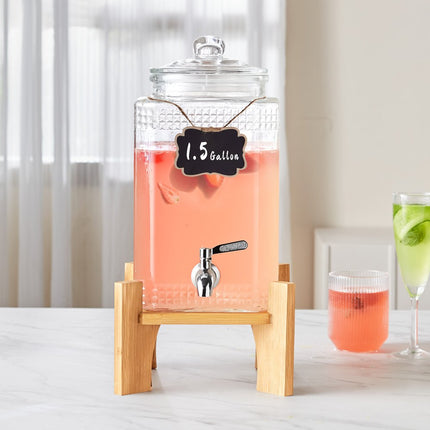 VEVOR drankdispenser, 1,5 gallon feestdrankdispenser, glazen sapdispenser met standaard, roestvrijstalen kraan, ijsthee limonadesapwaterdispenser, voor restaurants, hotels, feesten