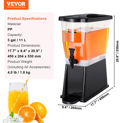 VEVOR Drankdispenser, 11L Waterdispenser Drankdispenser voor feesten, Kunststof sapdispenser met staand kraandeksel, Ijsthee Limonadesap Waterdispenser, voor restaurants, hotels, feesten, enz.
