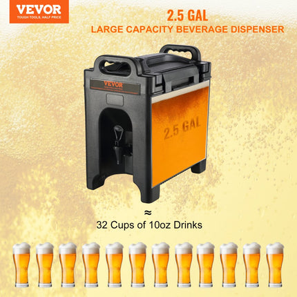 VEVOR Dispenser voor warme en koude dranken Drankendispenser 9,5 L, LDPE Heet- en koudwaterfontein Grote drankendispenser met kraan voor koffie, koude melk, water, sap etc. Geïsoleerde kan 1-2 personen