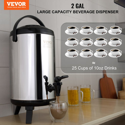 VEVOR Dispenser voor warme en koude dranken Drankendispenser 7,6 L RVS Warm- en koudwaterfontein Drankendispenser met kraan en draaggreep voor koffie, water en sap Geïsoleerde kan voor cafés, bars