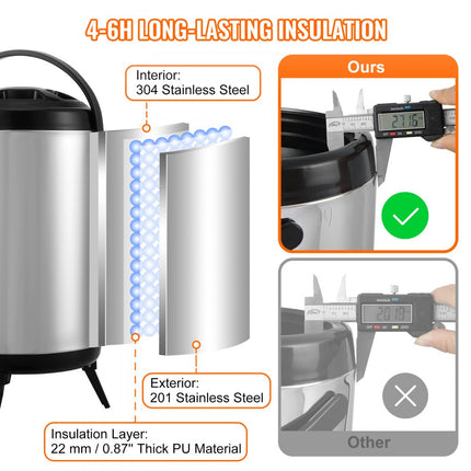 VEVOR Dispenser voor warme en koude dranken Drankendispenser 7,6 L RVS Warm- en koudwaterfontein Drankendispenser met kraan en draaggreep voor koffie, water en sap Geïsoleerde kan voor cafés, bars
