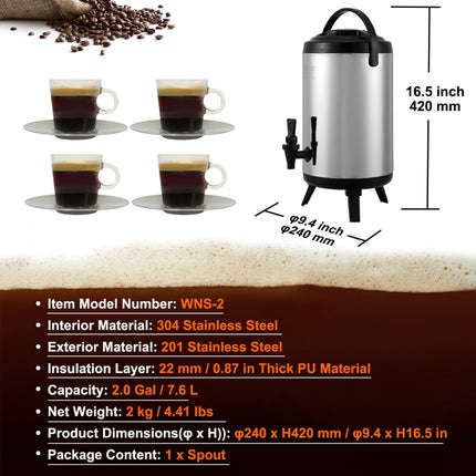 VEVOR Dispenser voor warme en koude dranken Drankendispenser 7,6 L RVS Warm- en koudwaterfontein Drankendispenser met kraan en draaggreep voor koffie, water en sap Geïsoleerde kan voor cafés, bars