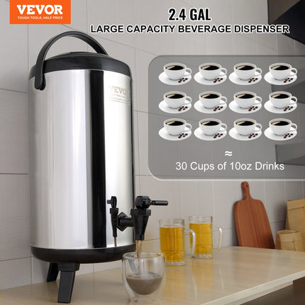 VEVOR warme en koude drankendispenser drankendispenser 9,2 l roestvrij staal warm- en koudwaterfontein grote drankendispenser met tapkraan en draaggreep voor koffie, water, sap, geïsoleerde kan voor cafés, bars