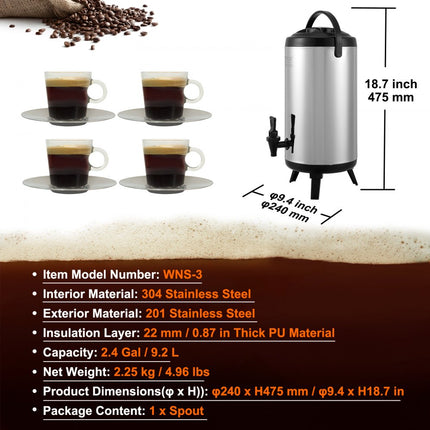 VEVOR warme en koude drankendispenser drankendispenser 9,2 l roestvrij staal warm- en koudwaterfontein grote drankendispenser met tapkraan en draaggreep voor koffie, water, sap, geïsoleerde kan voor cafés, bars