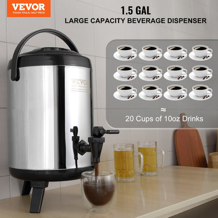 VEVOR warme en koude drankendispenser drankendispenser 6 liter roestvrij staal warm- en koudwaterfontein grote drankendispenser met kraan voor koffie, koude melk, water, sap etc. geïsoleerde kan 1-2 personen