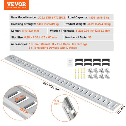 VEVOR Spanbanden E-Track-ratelriemen 34 Stuks 1,52m Transportrail Ankerrail Zilver