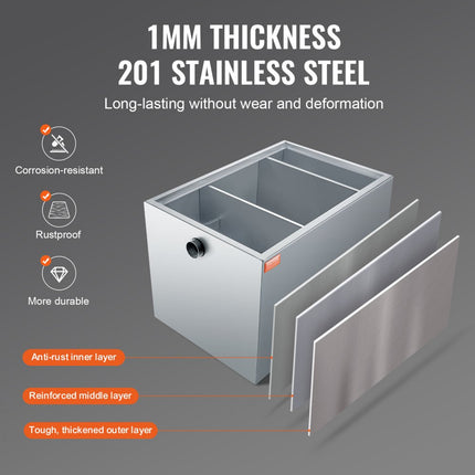 VEVOR commerciële vetafscheider, 40 lbs vetafscheider, zij-inlaatafscheider, roestvrijstalen onder gootsteen vetafscheider, 9,96 GPM / min afvalwaterolie-waterafscheider, voor restaurant etc.