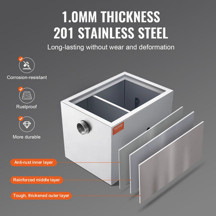 VEVOR commerciële vetafscheider, 8 lbs vetafscheider, zij-inlaatafscheider, roestvrijstalen onder gootsteen vetafscheider, 2,8 GPM afvalwaterolie-waterafscheider, voor restaurant etc.