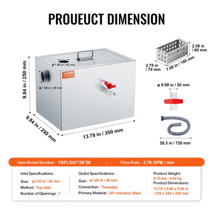 VEVOR commerciële vetafscheider, 8 lbs vetafscheider, boveninlaatafscheider, roestvrijstalen vetafscheider onder de gootsteen, 2,78 GPM afvalwaterolie-waterafscheider, voor restaurant, kantine, enz.