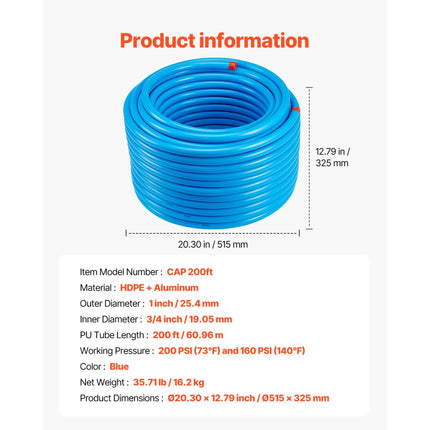 VEVOR luchtcompressorleidingset 3/4" x 200ft HDPE aluminium luchtleidingsysteem blauw