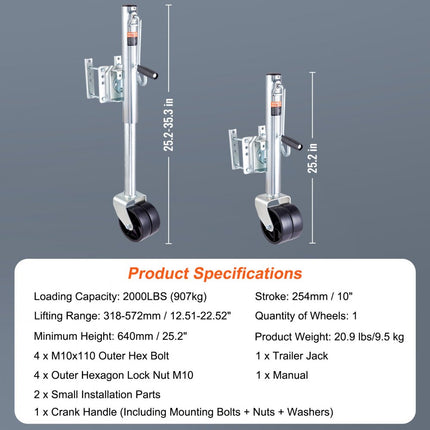 VEVOR aanhangerkrik, boottrailerkrik 907 kg, opschroefbare aanhangerkrik, met PP-wiel en handgreep voor het heffen van camperaanhangers, paardentrailers, bedrijfswagenaanhangers en jachtaanhangers