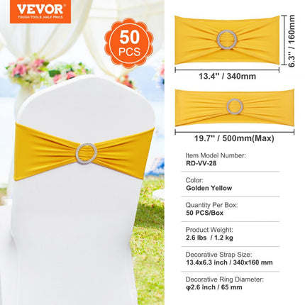 VEVOR stretch spandex stoelsjerpen, stoelhoezen en stretch stoelsjerpen met ronde gesp, elastische stoelbanden, bijpassende stoeldecoratie voor bruiloften, feestdagen (50 stuks, goudgeel)
