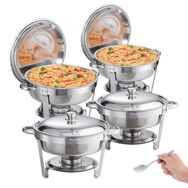 VEVOR RVS Chafing Dish Set Rond 5,38 L 4-delig Voedselverwarmer Verwarmingscontainer Soepverwarmer Voedselwarmingscontainer Soeppan Chafing Dishes Set met 2 brandstofcontainers voor horecabuffet