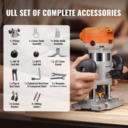 VEVOR bovenfrees trimmer 800W kantenfrees 10000-30000rpm eenhandsfrees 6 snelheden multifunctionele bovenfrees rolgeleidersleutel (13*138 mm, 22*165 mm) voor verschillende houtsoorten