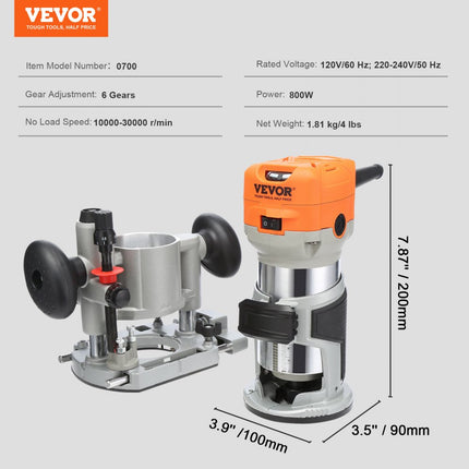 VEVOR bovenfrees trimmer 800W kantenfrees 10000-30000rpm eenhandsfrees 6 snelheden multifunctionele bovenfrees rolgeleidersleutel (13*138 mm, 22*165 mm) voor verschillende houtsoorten