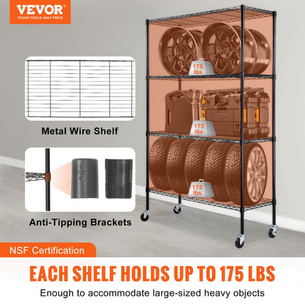 VEVOR Opbergrek met wielen, 4 niveaus verstelbaar, 700 lbs capaciteit, zware garageplanken, metalen organizer, draadplank, zwart 120x45x188 cm voor keuken, bijkeuken, kelder, badkamer