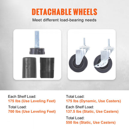 VEVOR Opbergrek met wielen, 4 niveaus verstelbaar, 700 lbs capaciteit, zware garageplanken, metalen organizer, draadplank, zwart 120x45x188 cm voor keuken, bijkeuken, kelder, badkamer