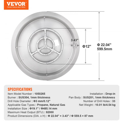 VEVOR Φ 485,14 mm vuurplaatspan Ronde vuurplaats Temperaturen tot 800 °C 92.000 BTU Toepasbare gassoorten Propaan Aardgas Roestvrijstalen vuurplaatsbrander Φ 559,5 x 87 mm Zwembad buitenfeesten