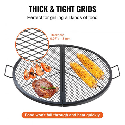 VEVOR Φ 910 x 25 mm X-Marks vuurplaatsgrillrooster, opvouwbaar rond grillrooster, zwaar uitgevoerd stalen kampvuur BBQ-grillrooster met handvat en steun