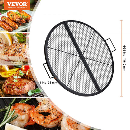 VEVOR Φ 910 x 25 mm X-Marks vuurplaatsgrillrooster, opvouwbaar rond grillrooster, zwaar uitgevoerd stalen kampvuur BBQ-grillrooster met handvat en steun