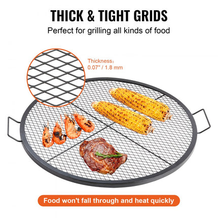 VEVOR X-Marks vuurplaatsgrillrooster, rond kookrooster, robuust stalen kampvuur BBQ-grillrooster met handvat en ondersteuning X-draad, draagbaar kampeerkookgerei voor buitenfeesten en bijeenkomsten, 91cm zwart