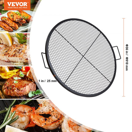 VEVOR X-Marks vuurplaatsgrillrooster, rond kookrooster, robuust stalen kampvuur BBQ-grillrooster met handvat en ondersteuning X-draad, draagbaar kampeerkookgerei voor buitenfeesten en bijeenkomsten, 91cm zwart