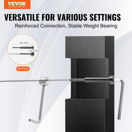 VEVOR 30-pack onzichtbare kabelrailset, T316 roestvrij staal 1/8" onzichtbare houder en swage-boutuiteinde voor kabelrailing, 1/8" swage-spanner voor houten/metalen palen, kabelrailbeslag, zwart