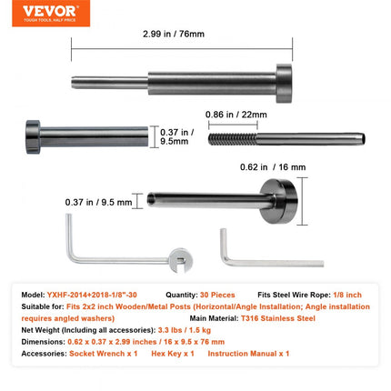 VEVOR 30-pack onzichtbare kabelrailset, T316 roestvrij staal 1/8" onzichtbare houder en swage-boutuiteinde voor kabelrailing, 1/8" swage-spanner voor houten/metalen palen, kabelrailbeslag, zwart