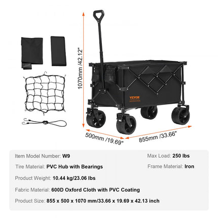 VEVOR handkar 855 x 500 x 1070 mm kinderwagen gemaakt van 600D Oxford stof met PVC coating strandwagen 113 L opslagcapaciteit max. 113 kg laadvermogen transportwagen uitrustingswagen handkar