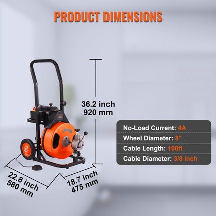 VEVOR elektrische ontstoppingsmachine 220V ontstoppingsmachine 30mx12.7mm staalkabel ontstopper spiraal 1500rpm stationair toerental ontstopper