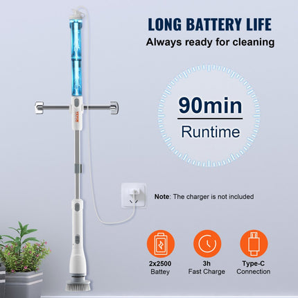VEVOR Elektrische Reinigingsborstel 2 Modi 280 & 380 RPM, Verstelbaar met 4 Verwisselbare Opzetborstels & Verstelbare Verlenggreep 1055-1190mm, Waterdicht 90°, 135° & 180° Hoek, Badkamer