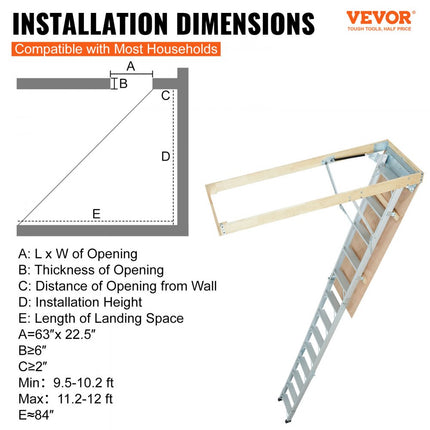 VEVOR telescoopladder 158,8 kg trap 12 treden installatiehoogte van 290 tot 300 cm of 341 tot 366 cm vouwladder aluminium + hout huishoudladder met hydraulisch gedempt afdaalontwerp