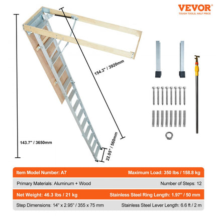 VEVOR telescoopladder 158,8 kg trap 12 treden installatiehoogte van 290 tot 300 cm of 341 tot 366 cm vouwladder aluminium + hout huishoudladder met hydraulisch gedempt afdaalontwerp